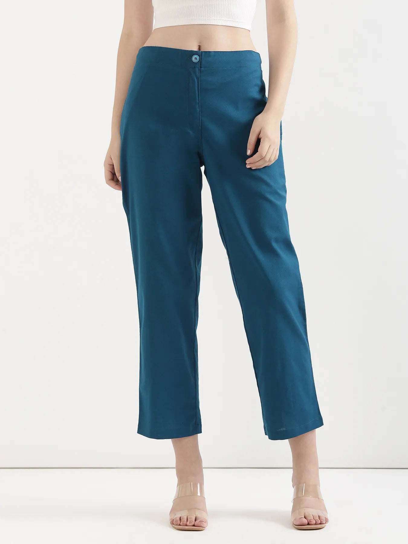 Women Turquoise Airy Linen Straight Pants
