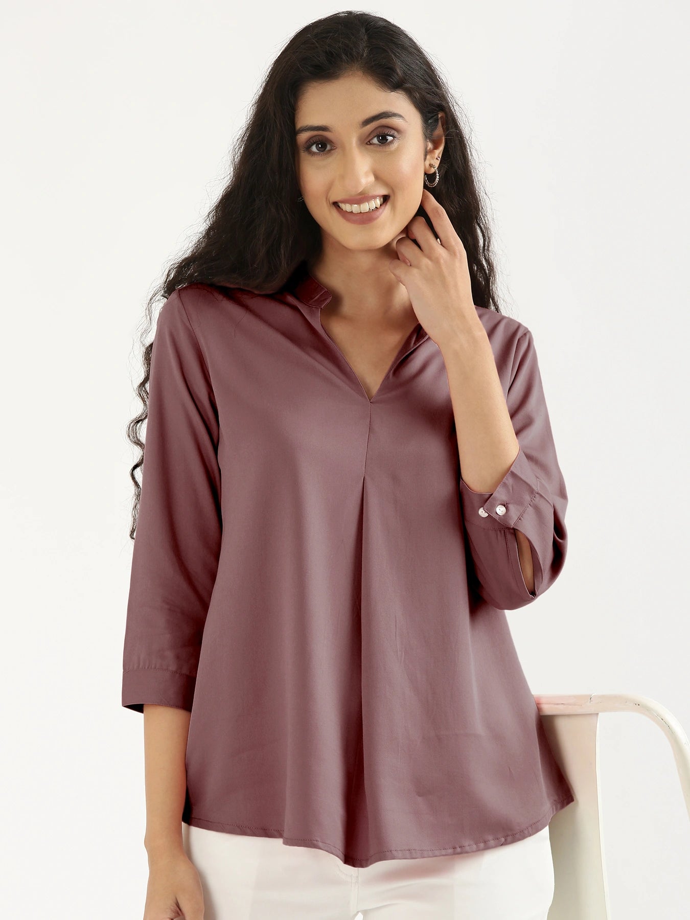 Women Rose Taupe Viscose Pleated Top