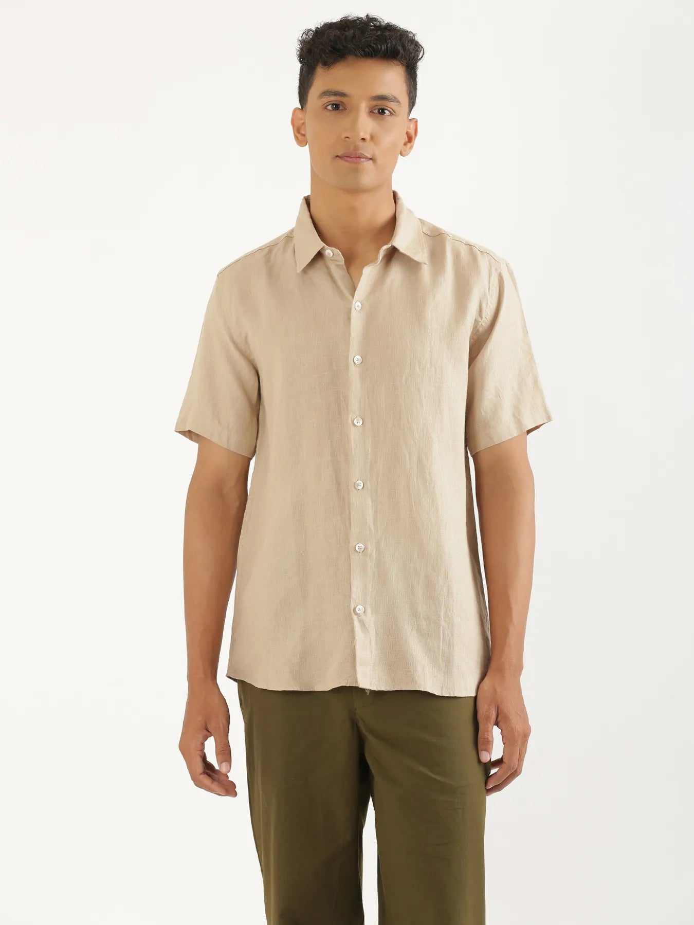 Men Taupe Pure Linen Short Sleeve Shirt