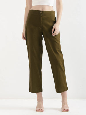 Women Olive Green Airy Linen Straight Pant