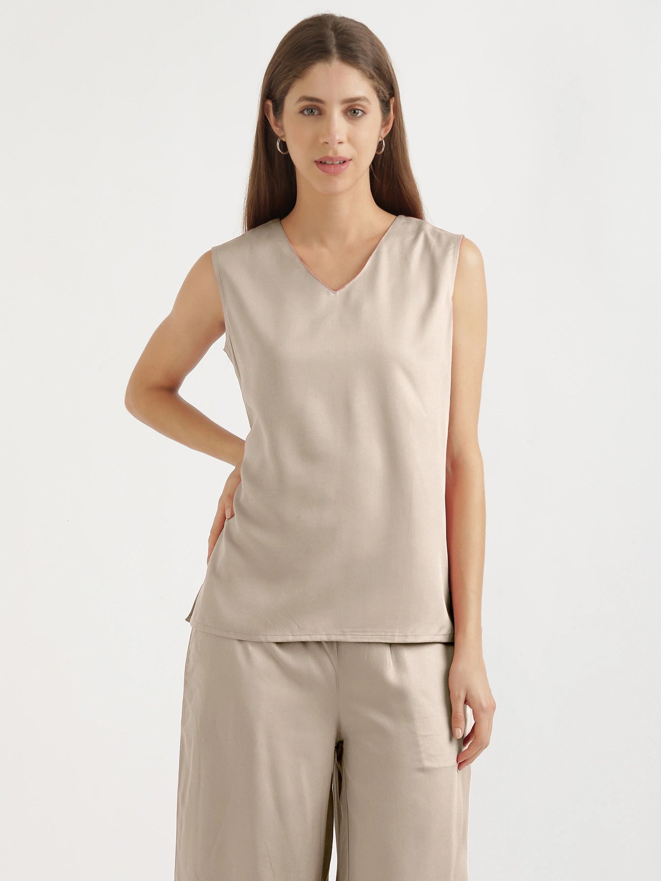 Women Taupe V-Neck Sleeveless Top