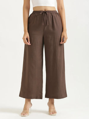 Women Dark Brown Flowy Linen Wide Leg Pants