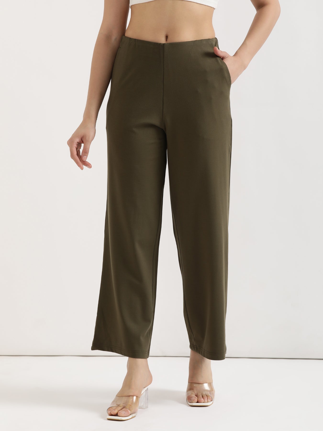 Dark olive green wide-leg trousers