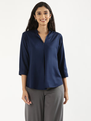 Women Navy Blue Viscose Pleated Top