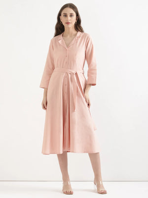 Women Salmon Pink Airy Linen Flared Dress