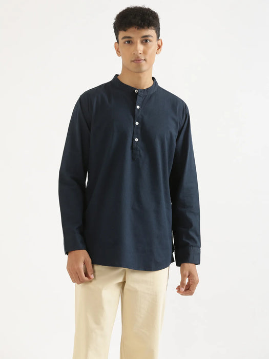Men Navy Blue Airy Linen Short Kurta