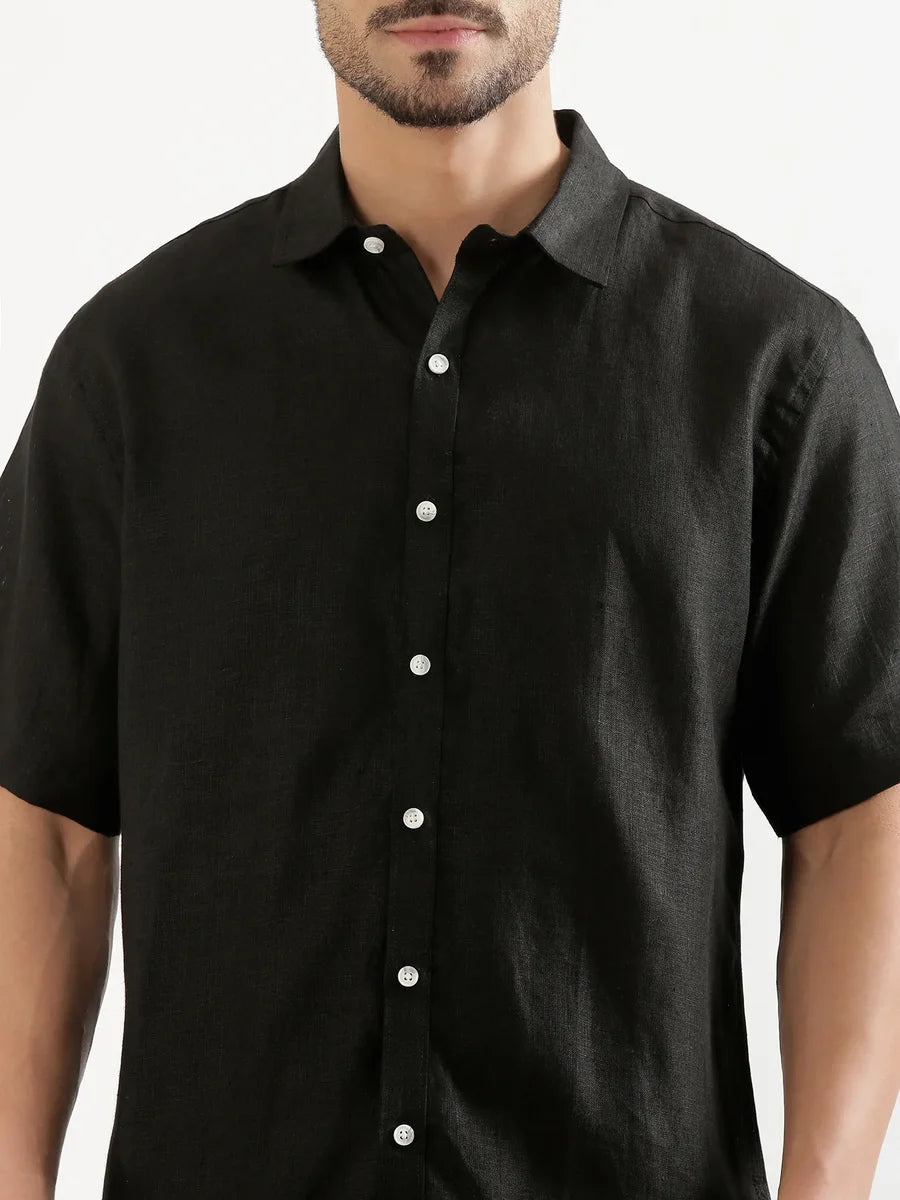 Men Black 100% Linen Half Sleeve Shirt
