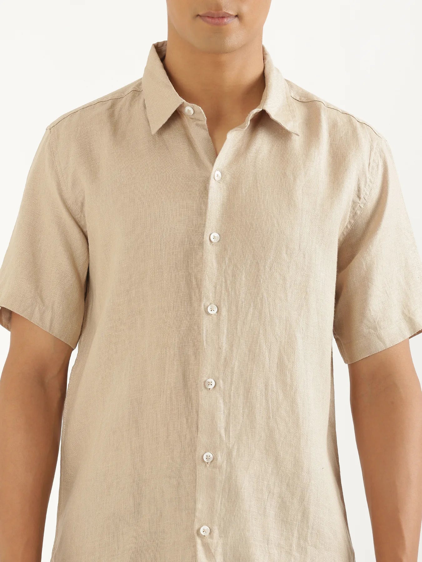 Men Taupe Pure Linen Short Sleeve Shirt