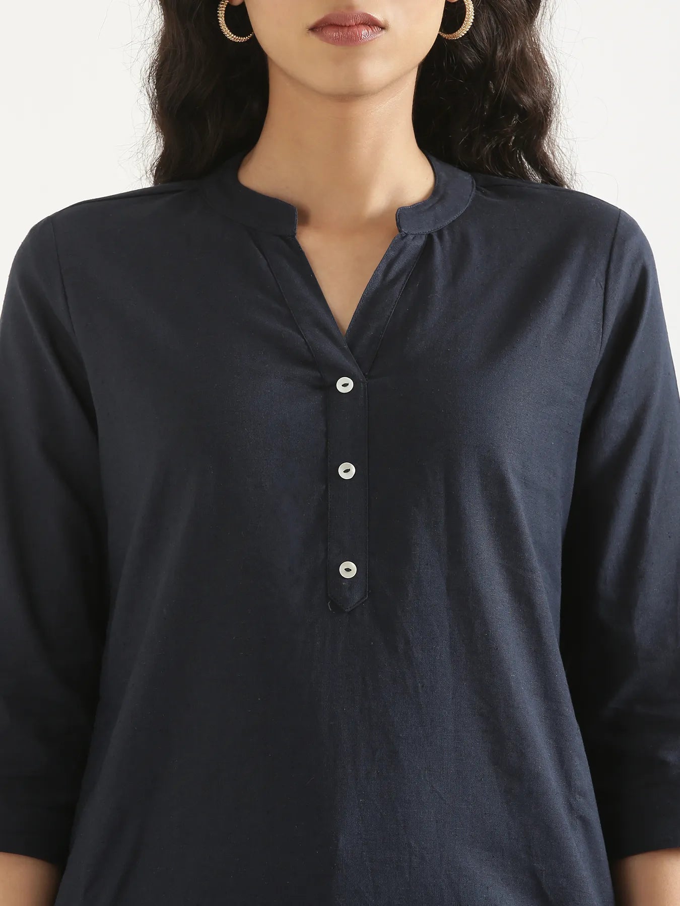 Women Navy Blue Airy Linen Long Kurta