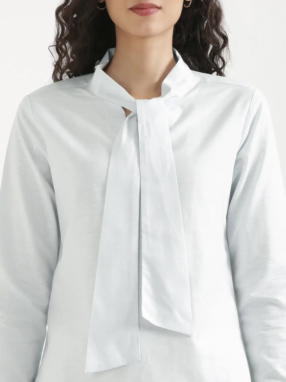 Women Powder Blue Linen Blend Knot Blouse