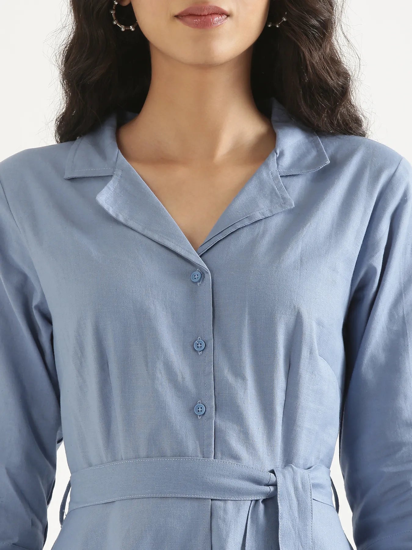 Women English Blue Airy Linen Flared Dress