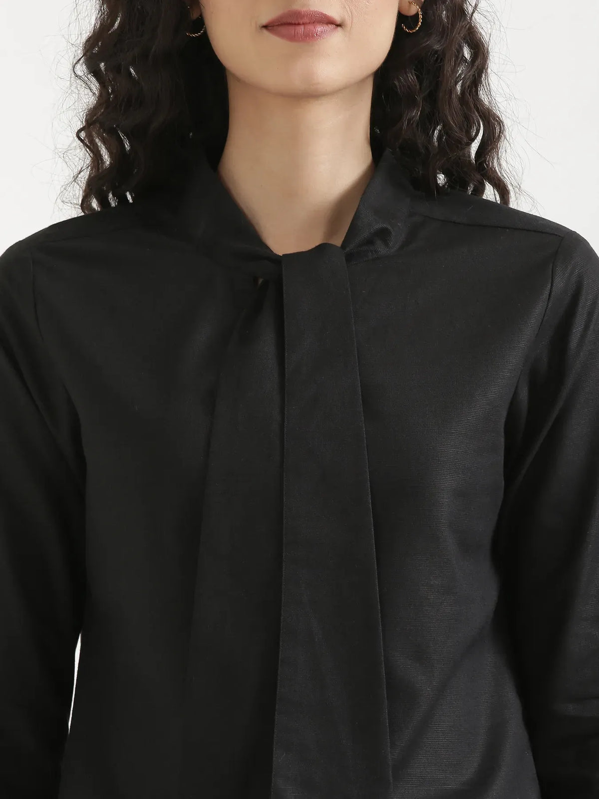 Women Black Linen Blend Knot Blouse