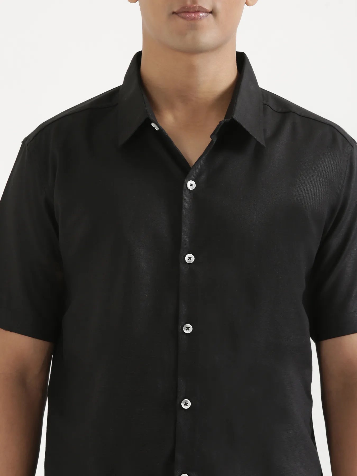 Men Black Linen Blend Short Sleeve Shirt