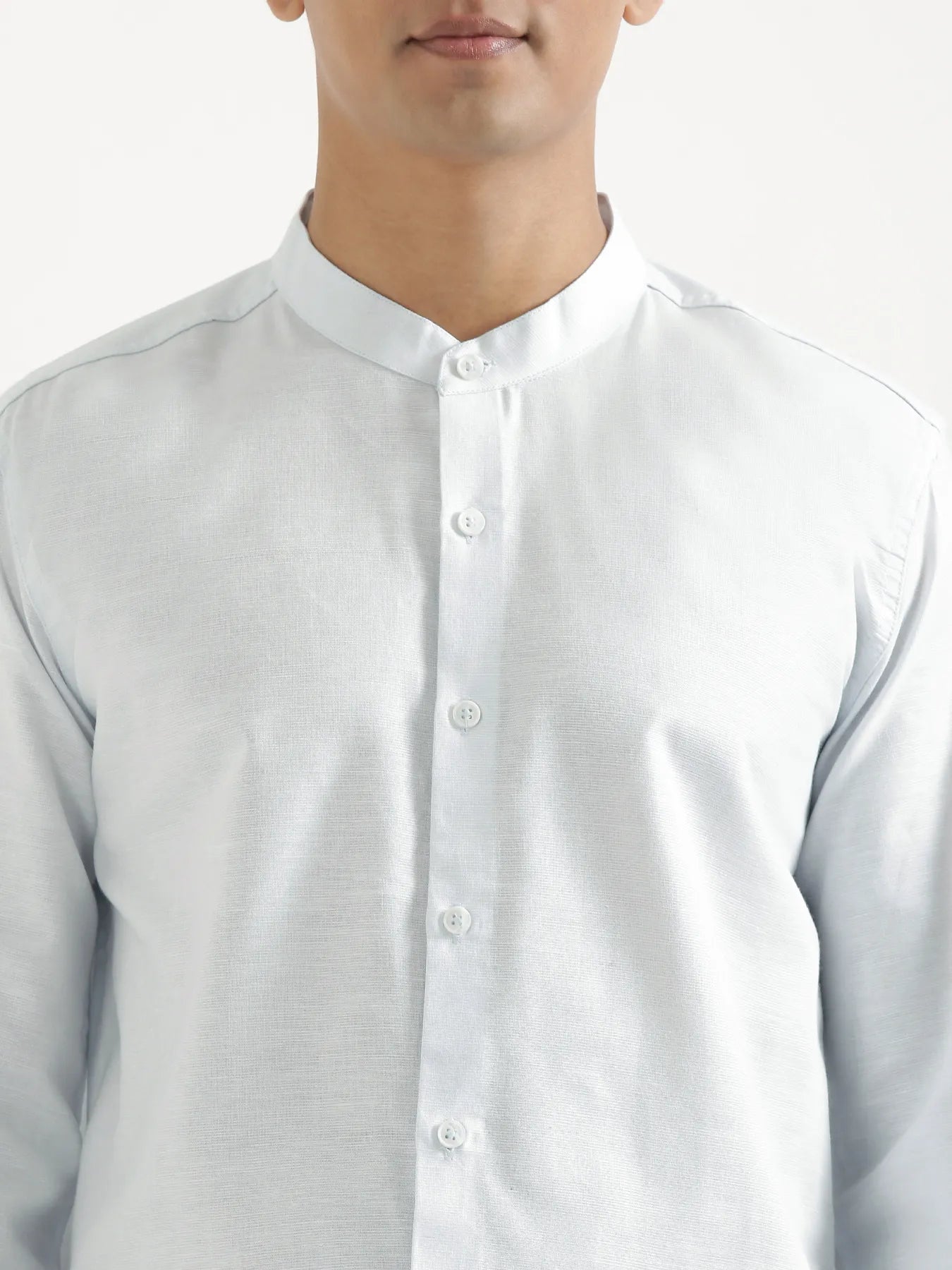 Men Powder Blue Linen Blend Mandarin Collar Shirt