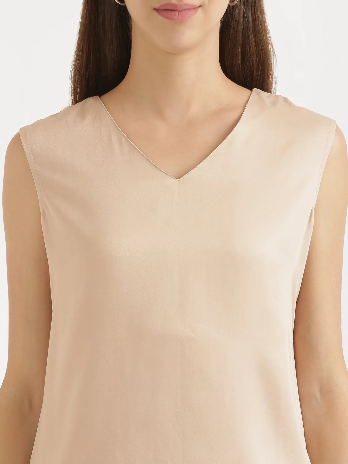 Women Beige V-Neck Sleeveless Top