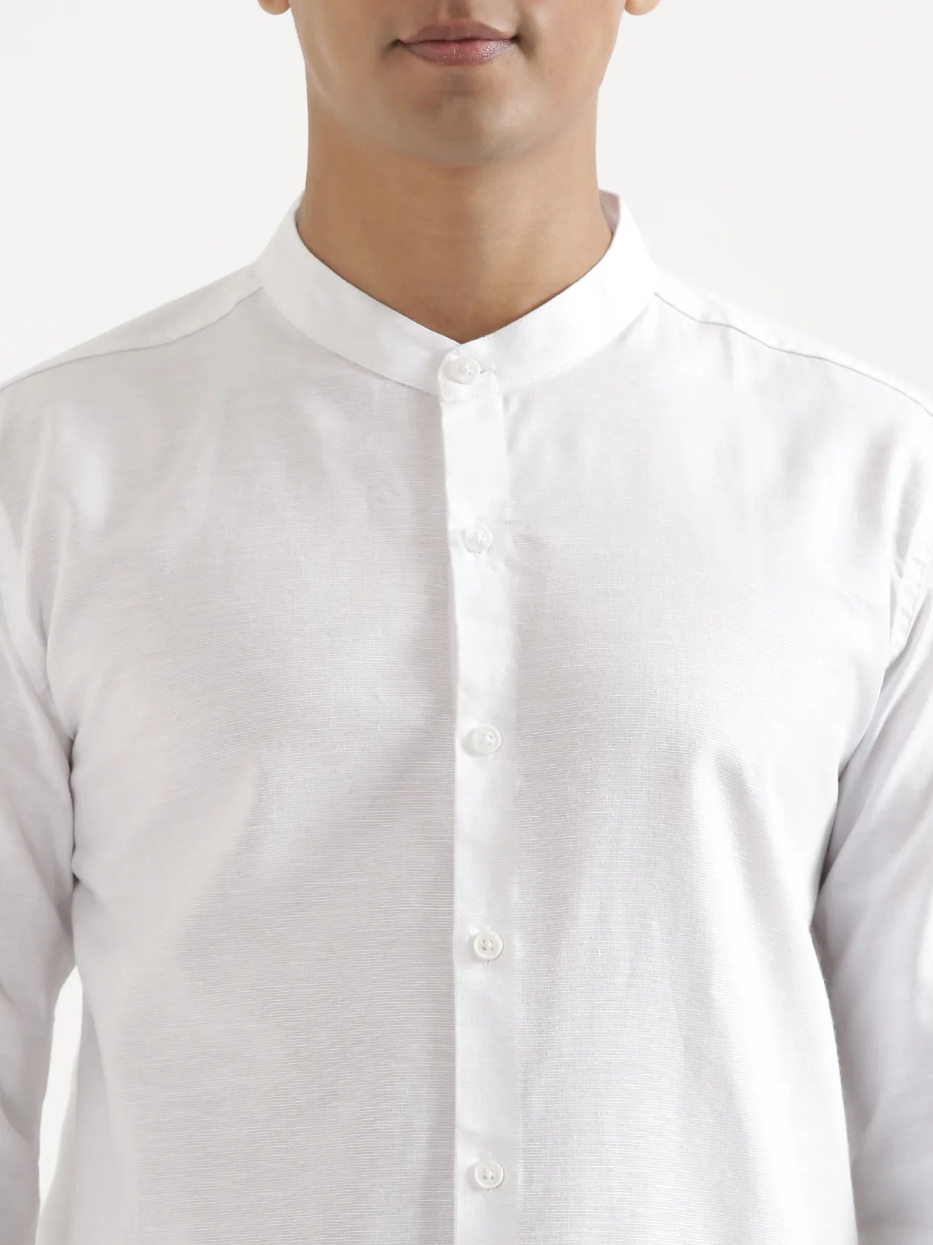 Men White Linen Blend Mandarin Collar Shirt