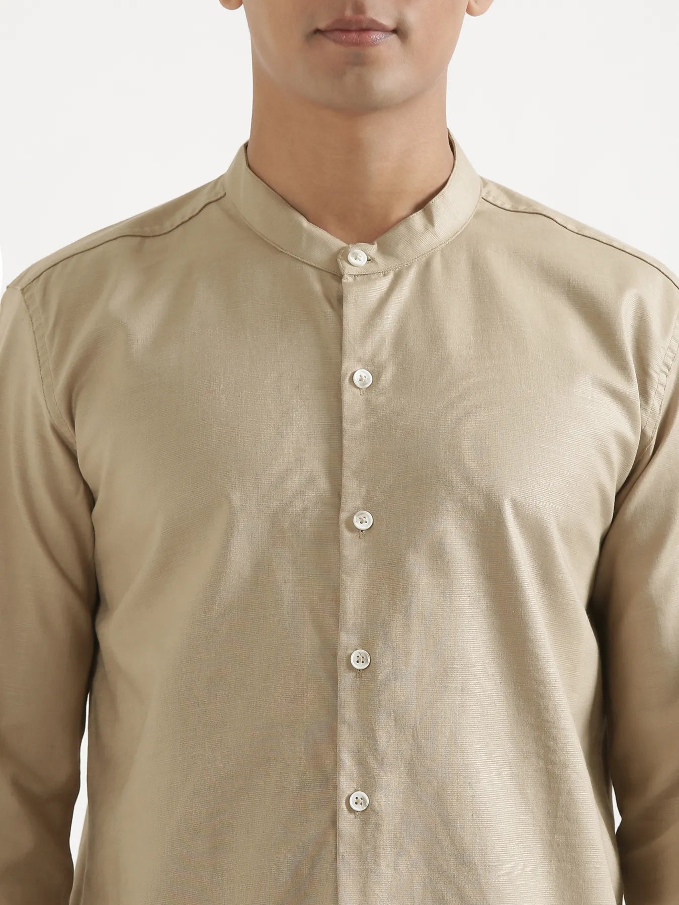 Men Taupe Linen Blend Mandarin Collar Shirt