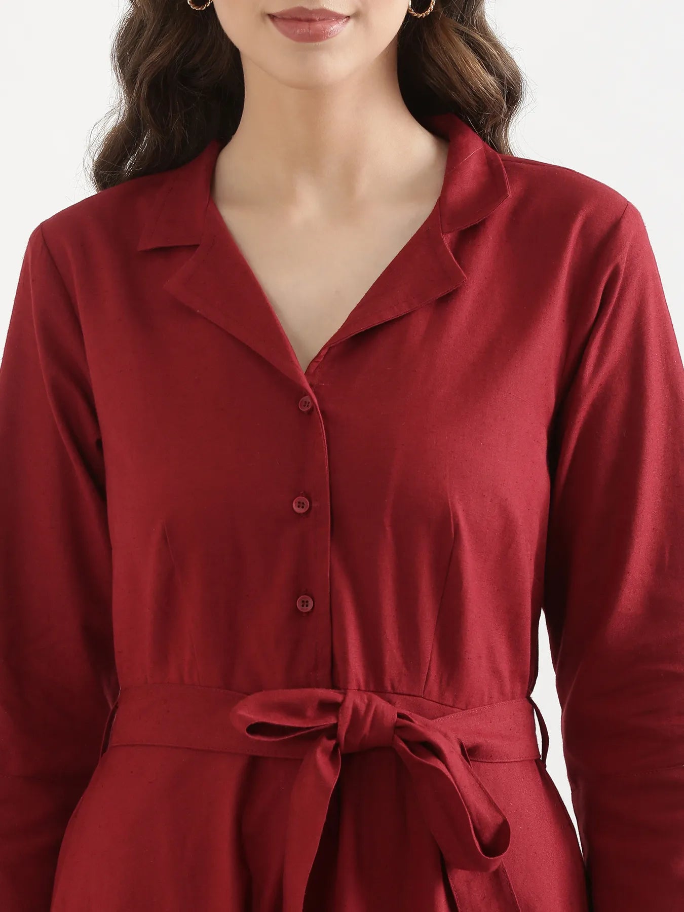 Women Maroon Airy Linen Flared Dress