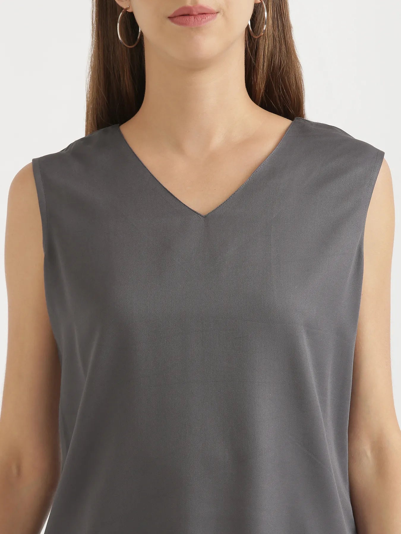 Women Grey V-Neck Sleeveless Top