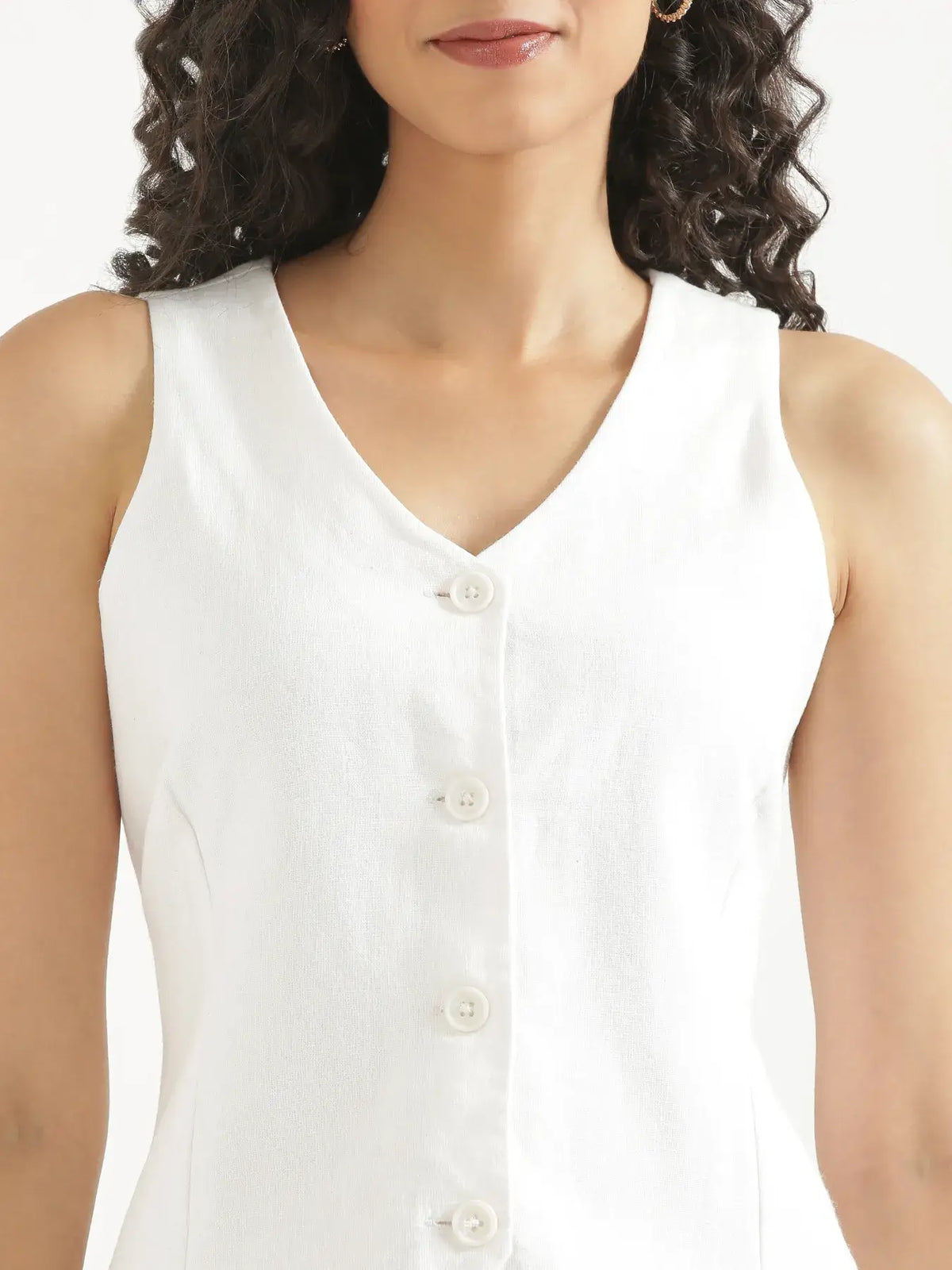 Women White Linen Blend Waist Coat