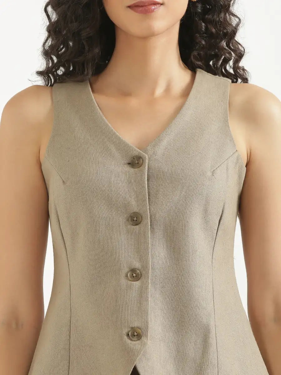Women Khakhi Linen Blend Waist Coat