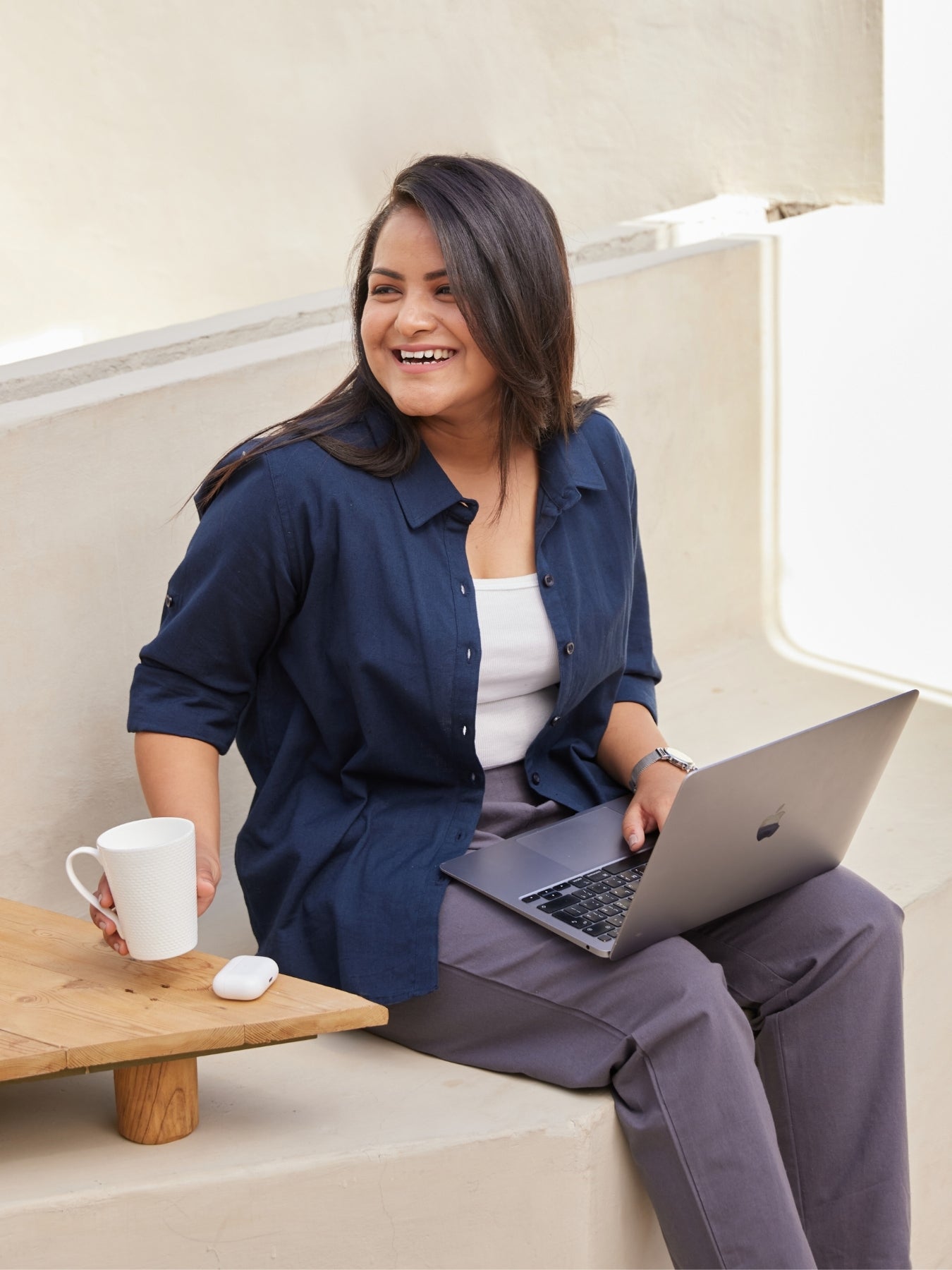 Women Navy Blue Airy-Linen Shirt