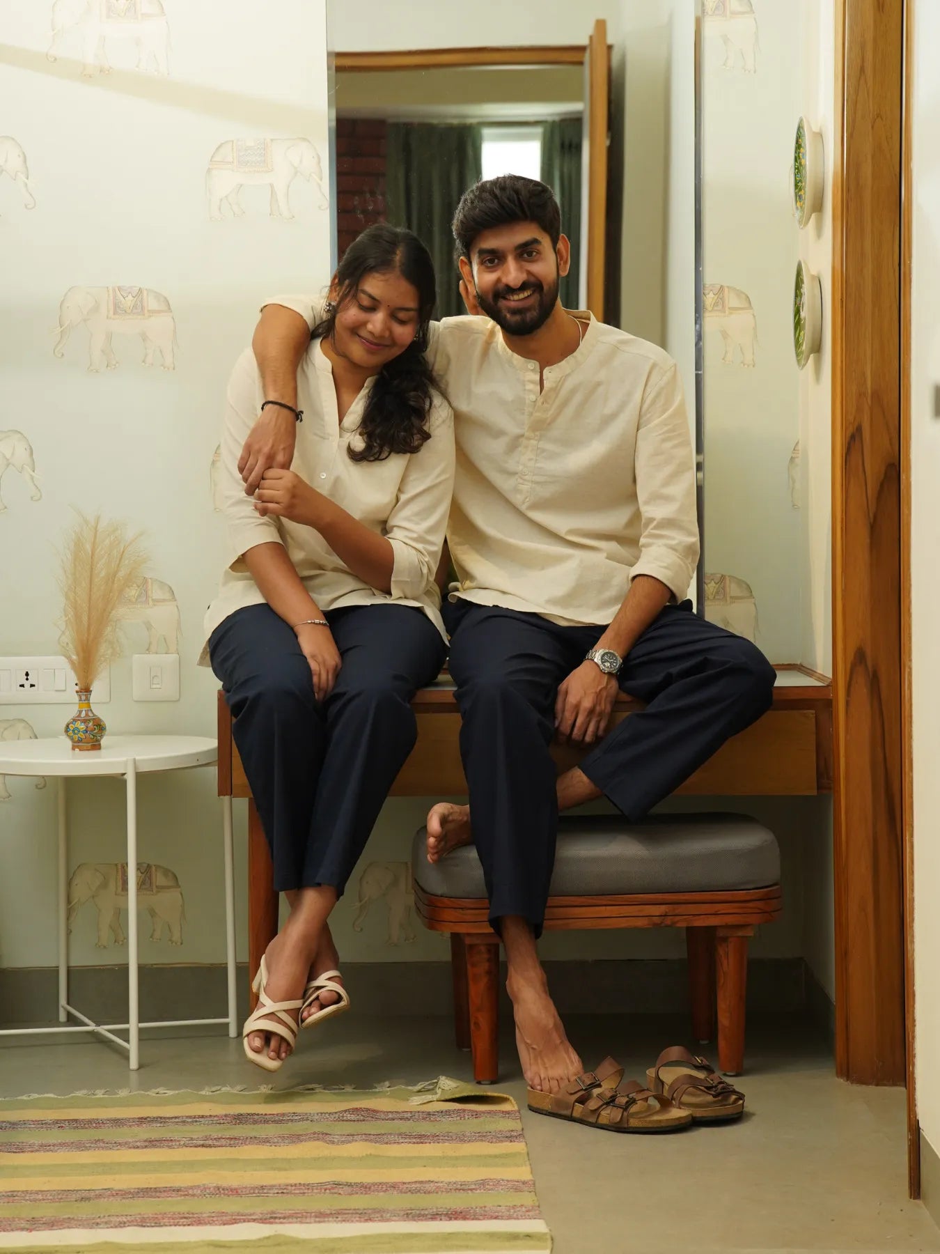 Couple Ecru Short Kurta Combo