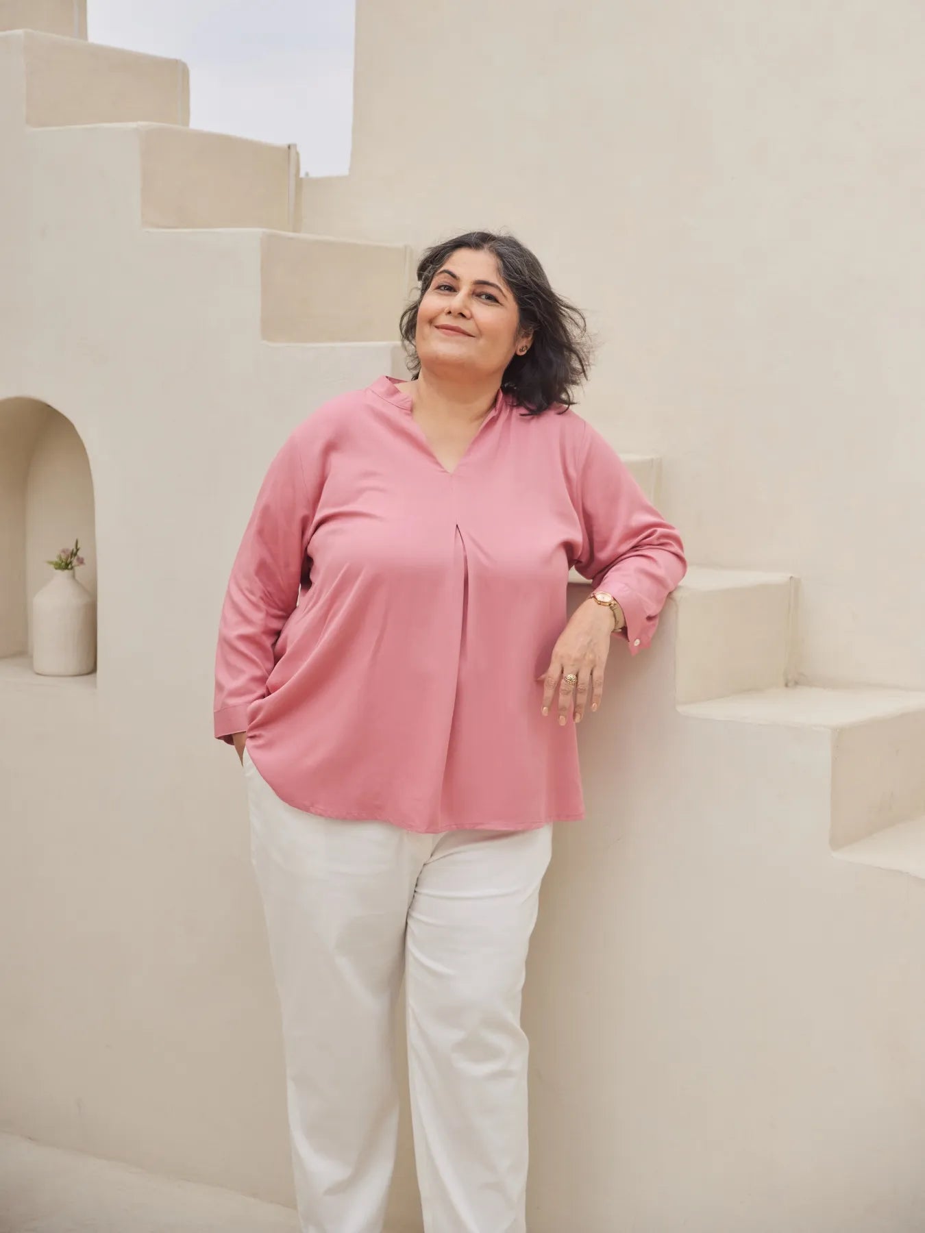 Women Plus Size Rose Viscose Pleated Top