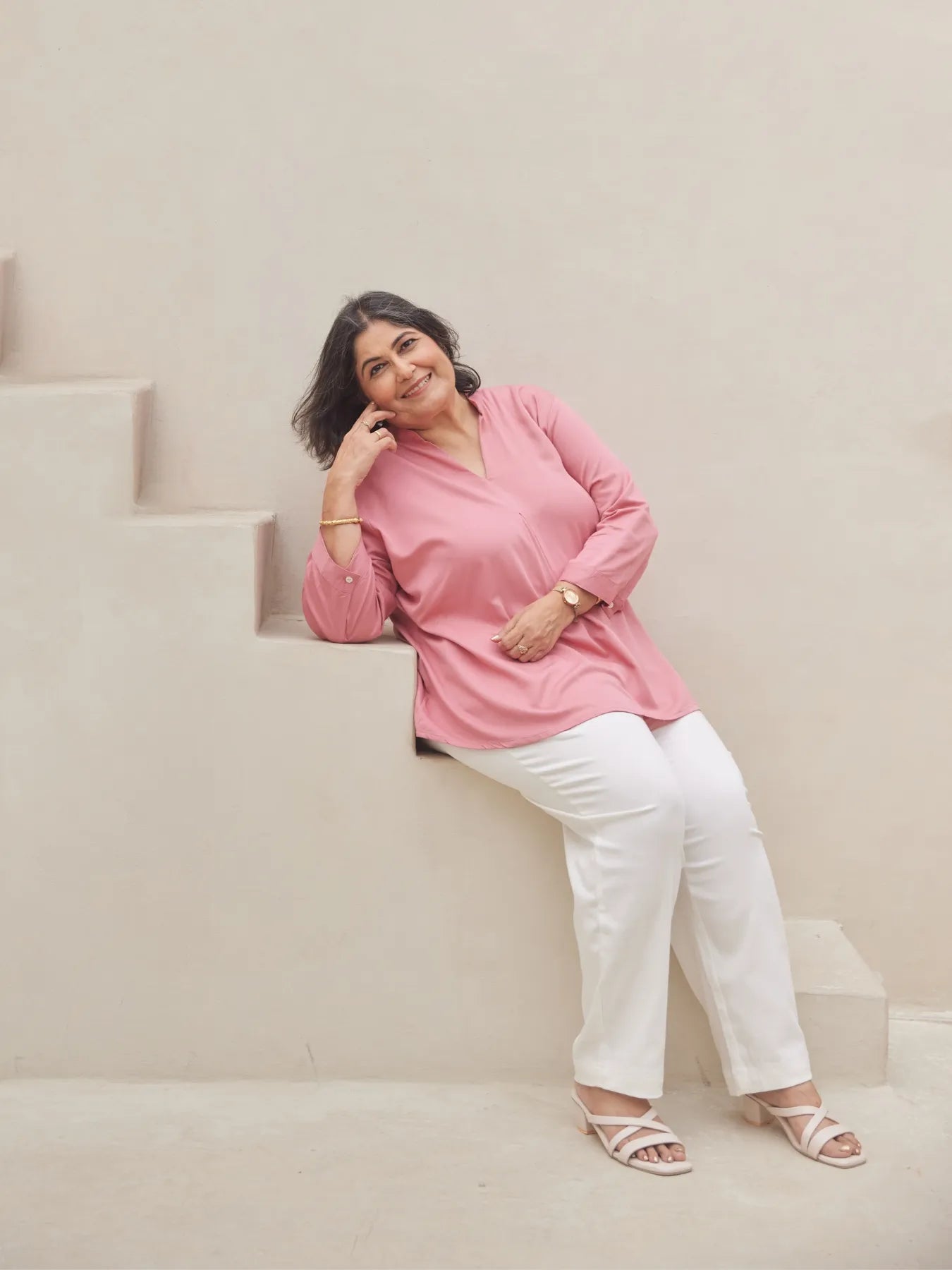 Women Plus Size Rose Viscose Pleated Top