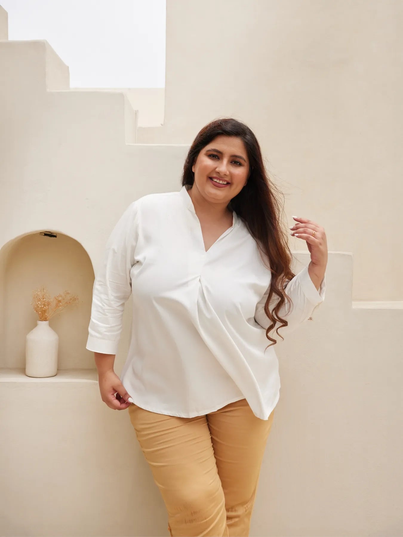 Women Plus Size White Viscose Pleated Top