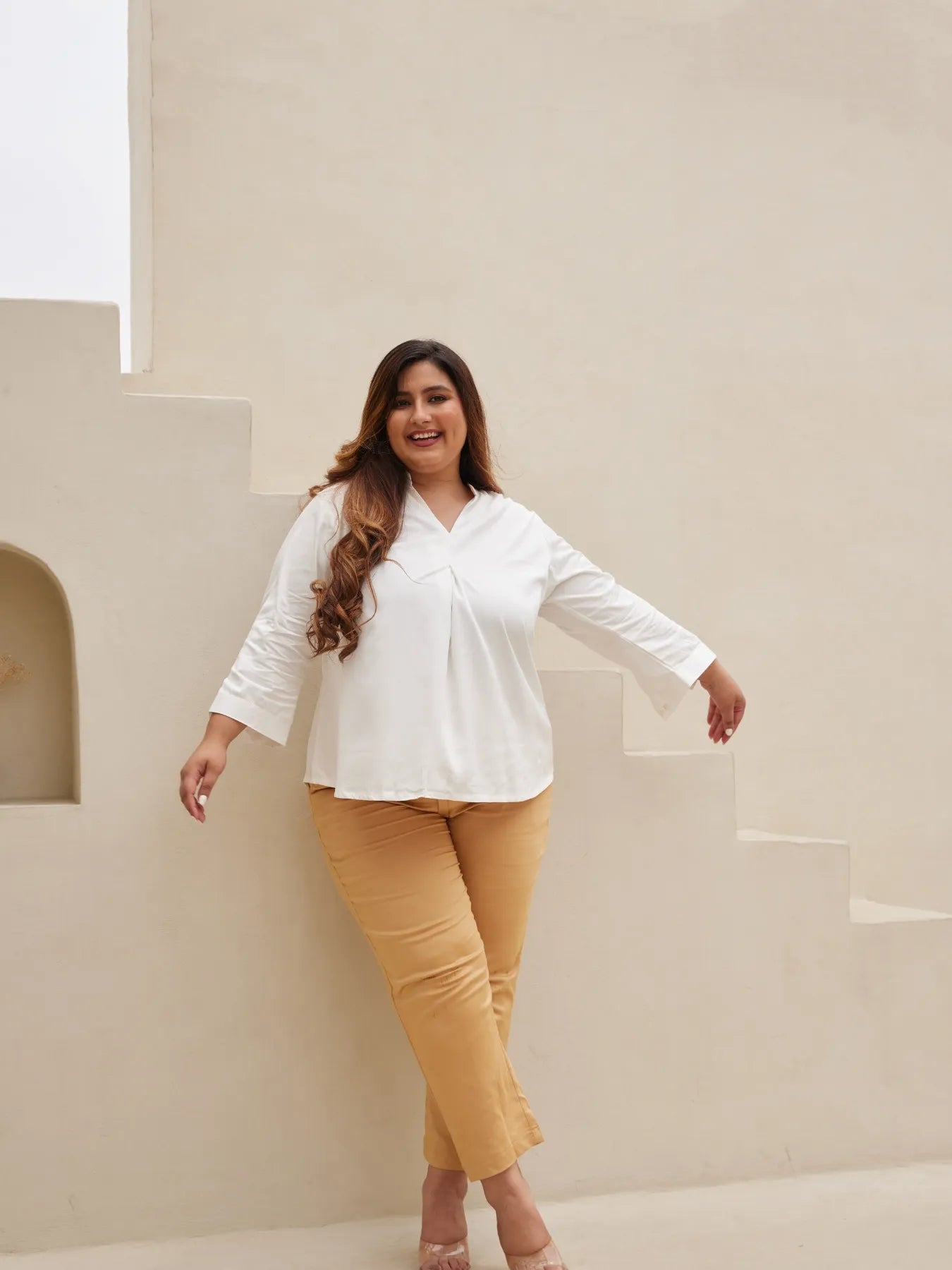 Women Plus Size White Viscose Pleated Top