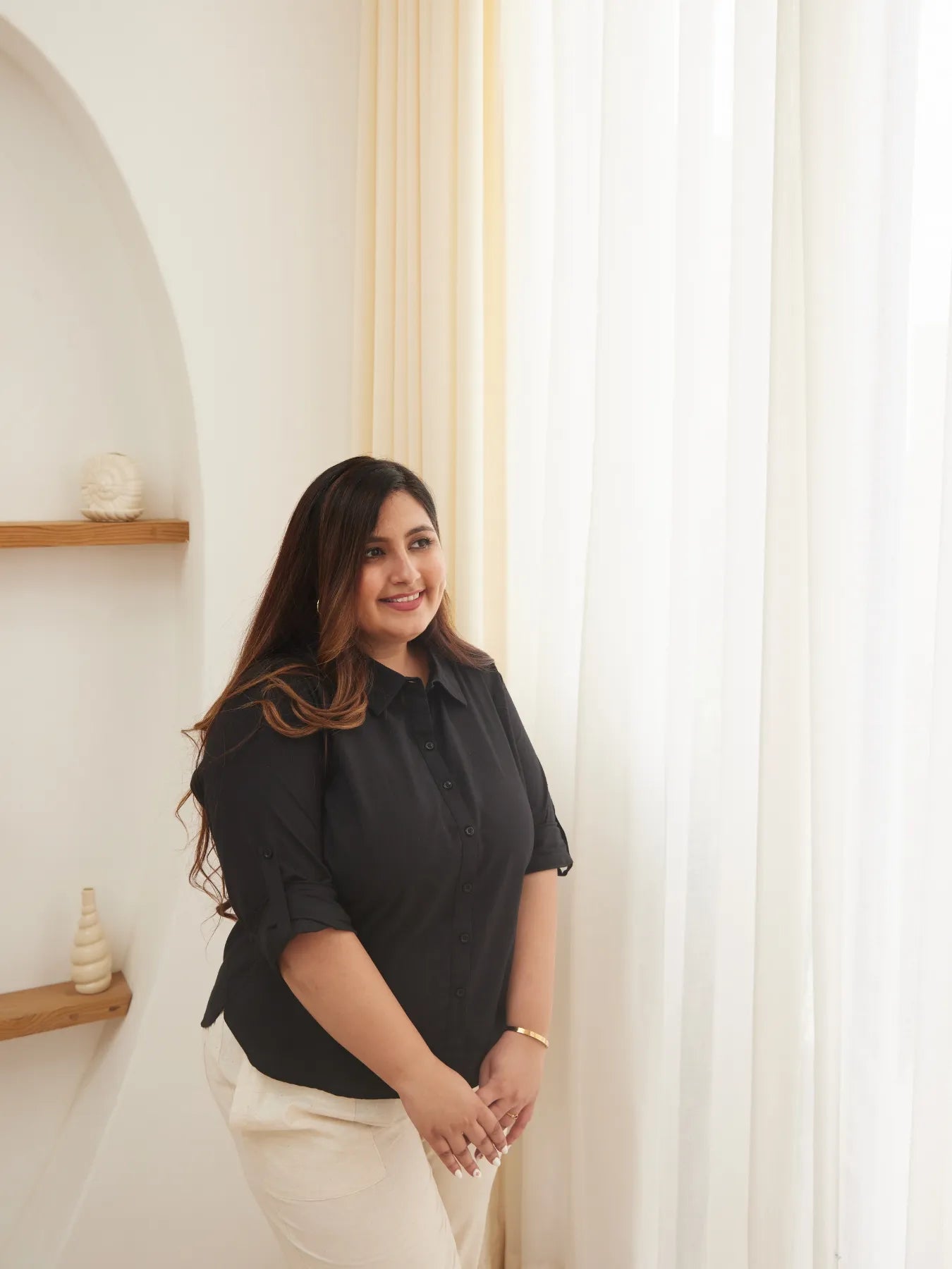 Women Plus Size Black Airy-Linen Shirt