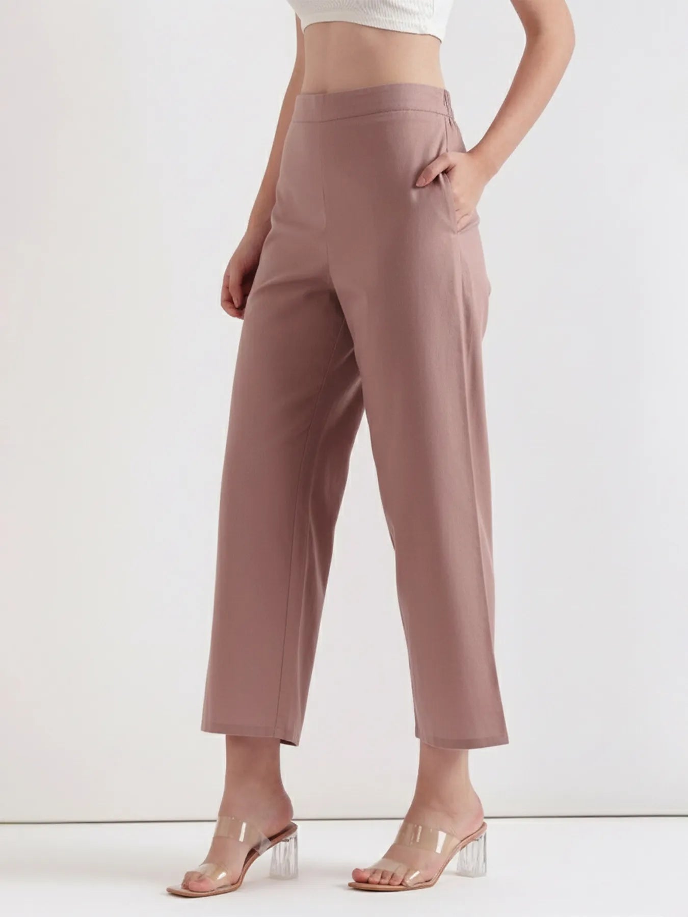 Women Rose Taupe Airy Linen Wide Leg Pant