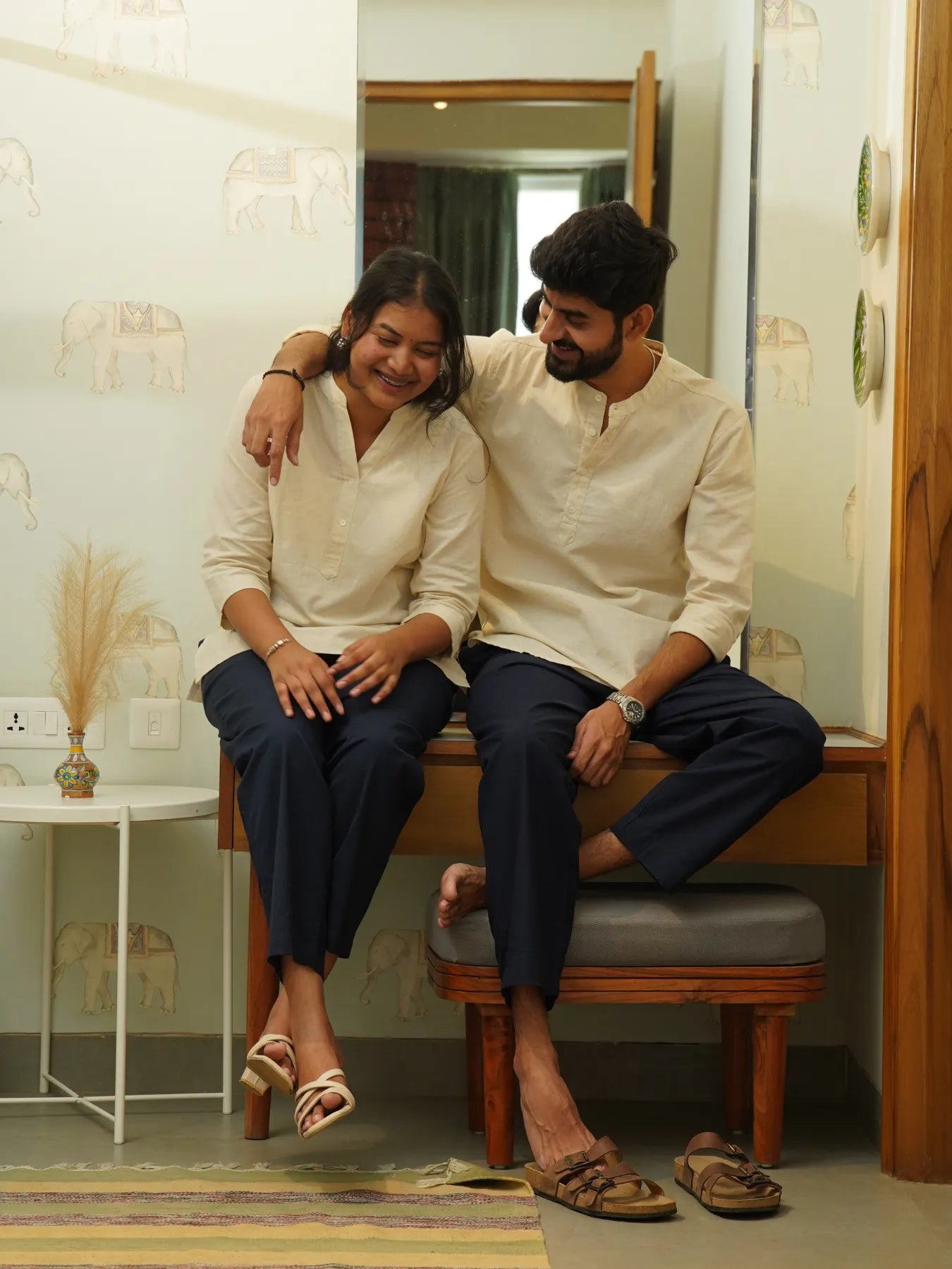 Couple Ecru Short Kurta Combo