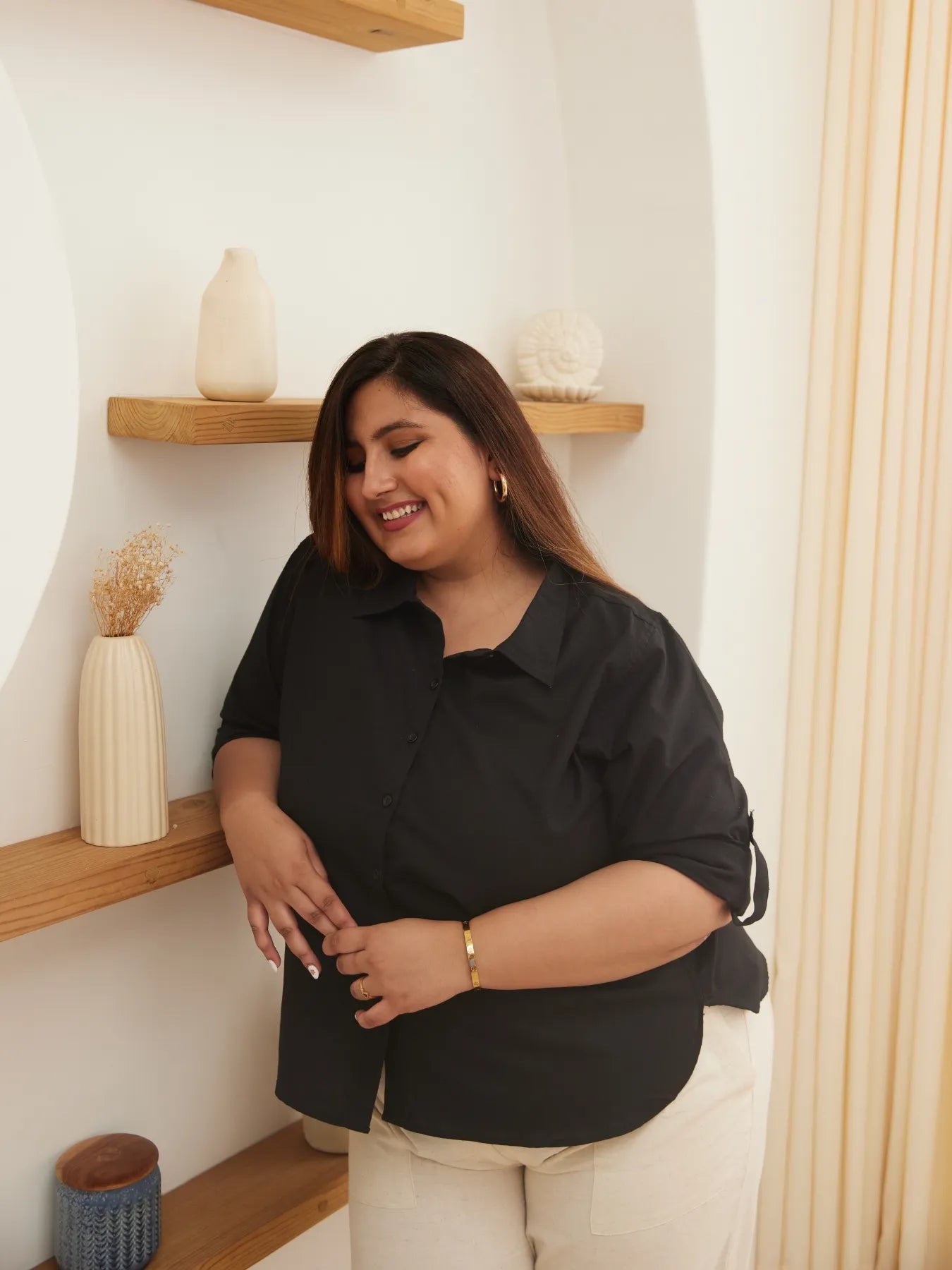 Women Plus Size Black Airy-Linen Shirt