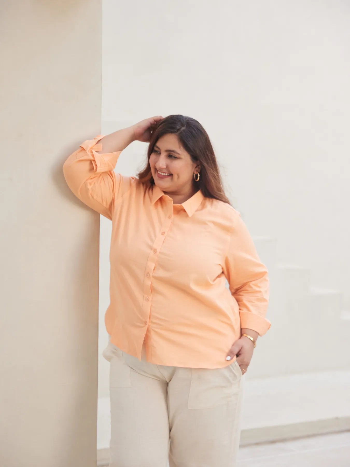 Women Plus Size Peach Airy-Linen Shirt