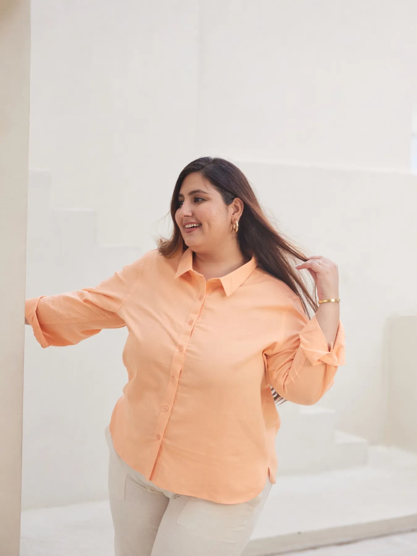 Women Plus Size Peach Airy-Linen Shirt