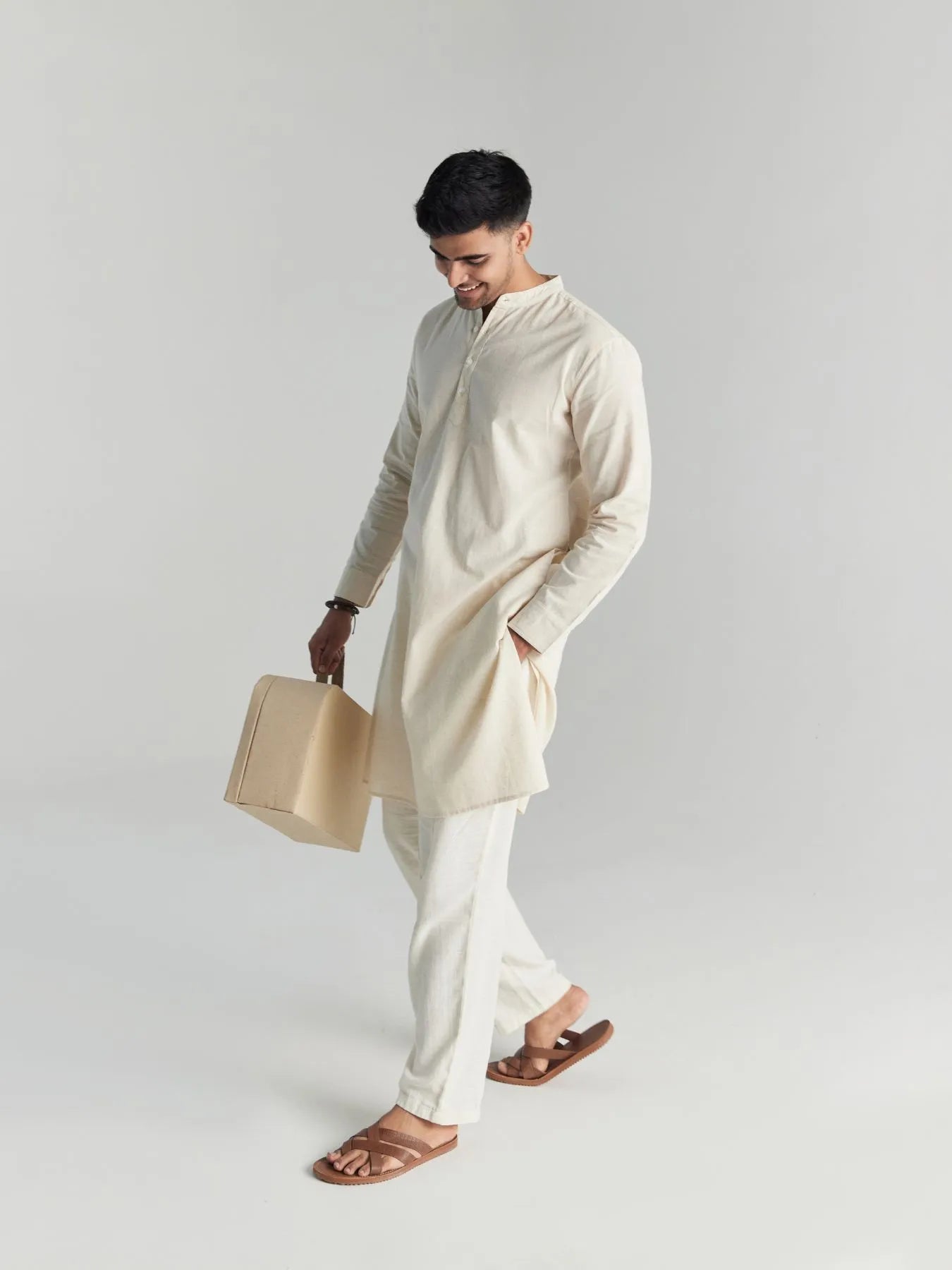 Men Ecru Airy Linen Long Kurta