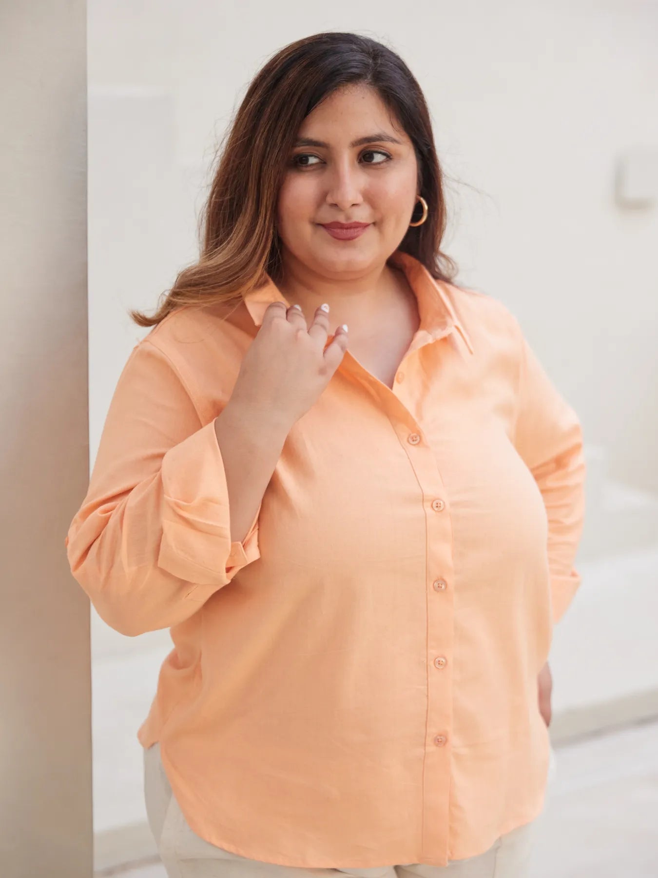 Women Plus Size Peach Airy-Linen Shirt