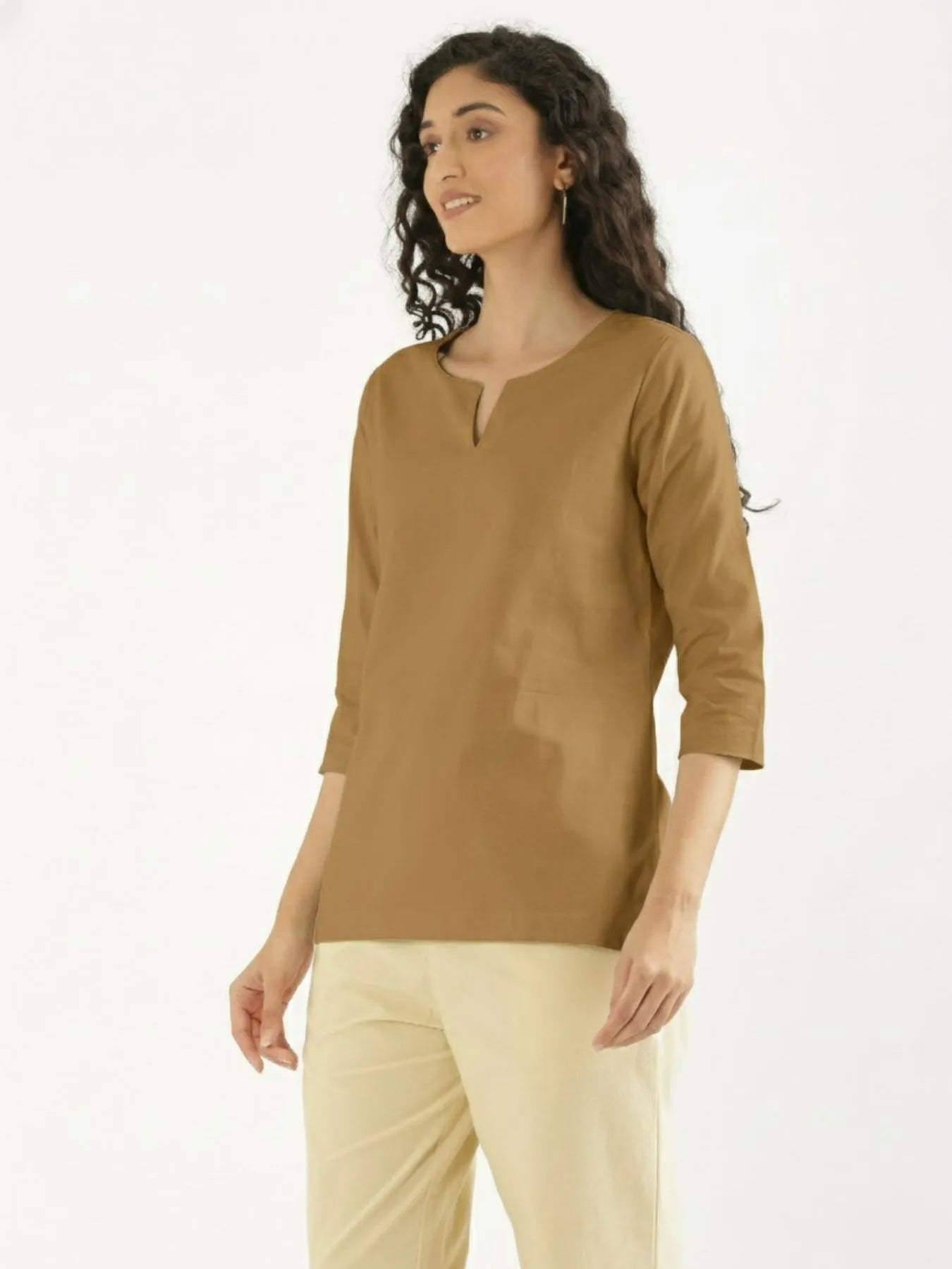 Women Coffee Brown Airy Linen Split Neck Short Kurta
