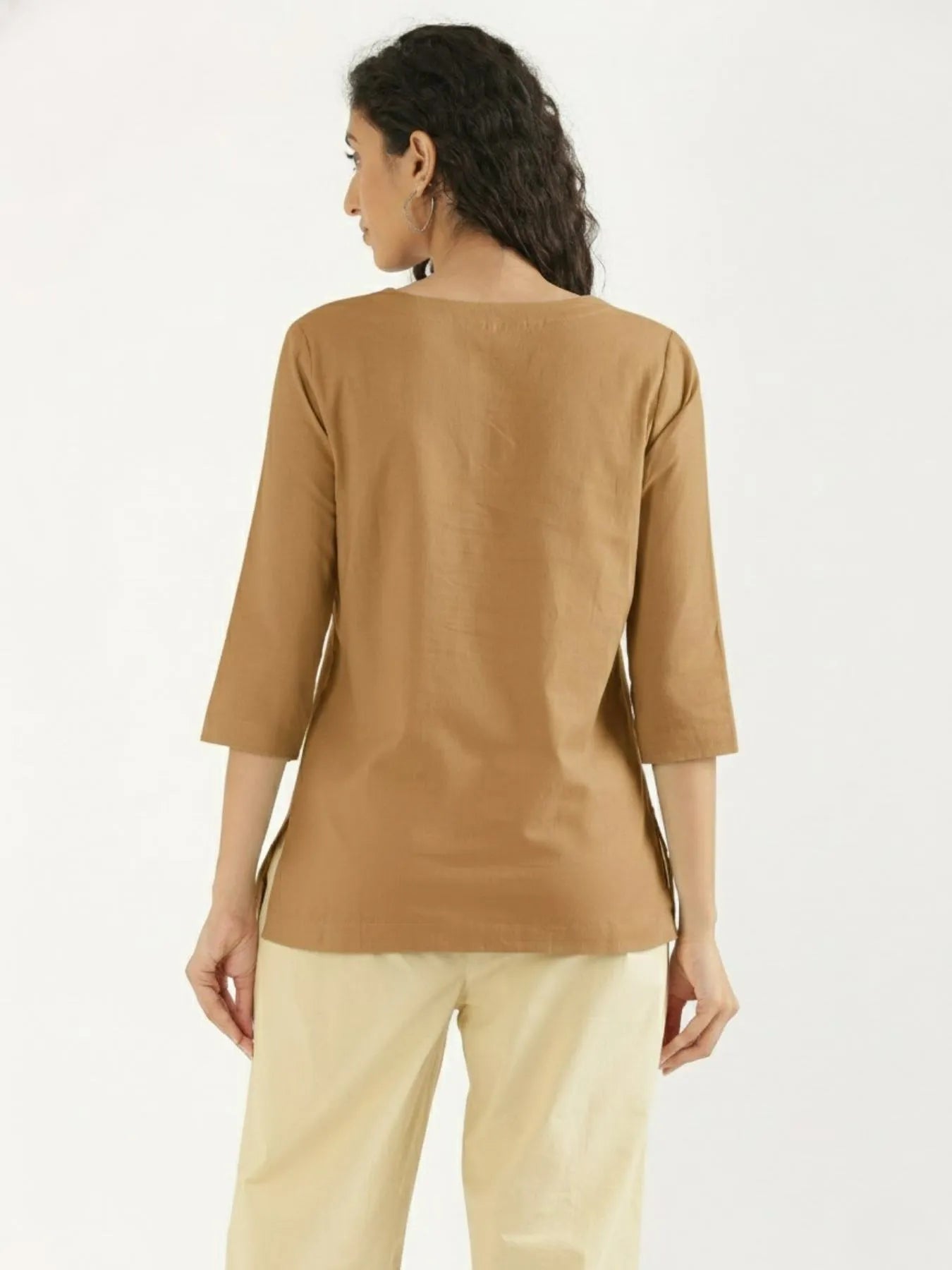 Women Coffee Brown Airy Linen Split Neck Short Kurta
