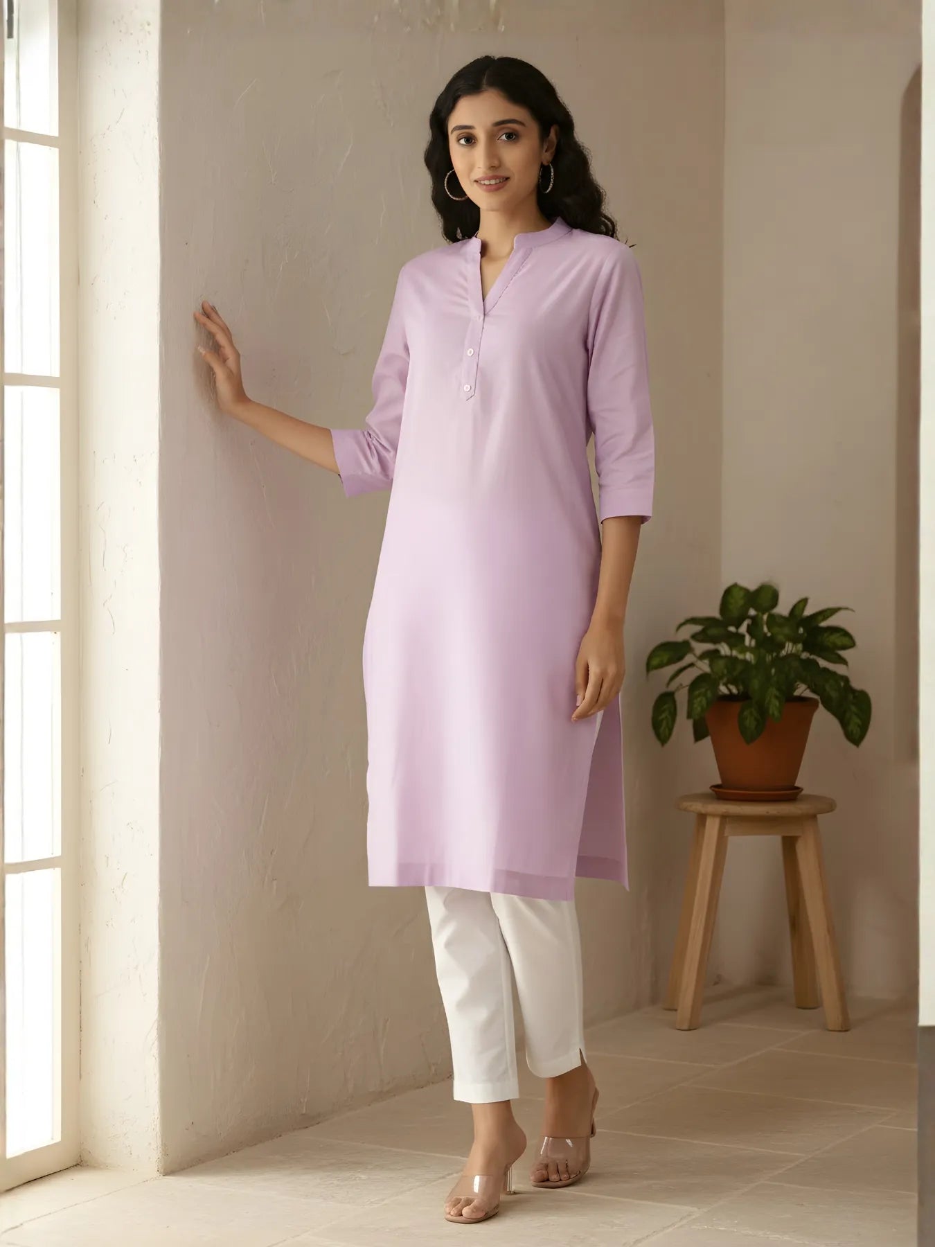 Women Lilac Airy Linen Long Kurta & White Cotton Pant Set