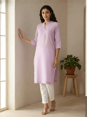 Women Lilac Airy Linen Long Kurta & White Cotton Pant Set
