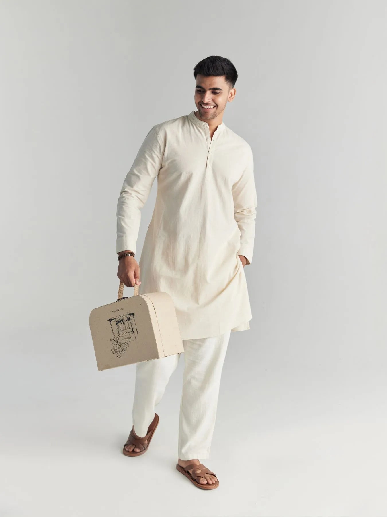 Men Ecru Airy Linen Long Kurta