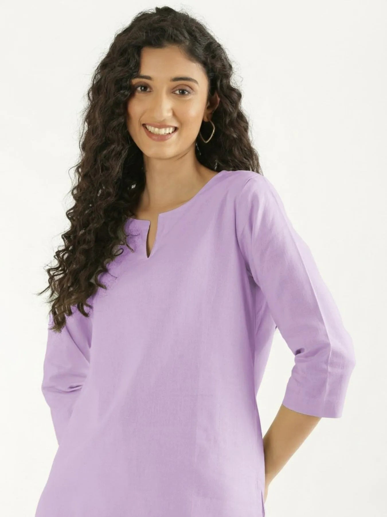 Women Lilac Airy Linen Split Neck Short Kurta