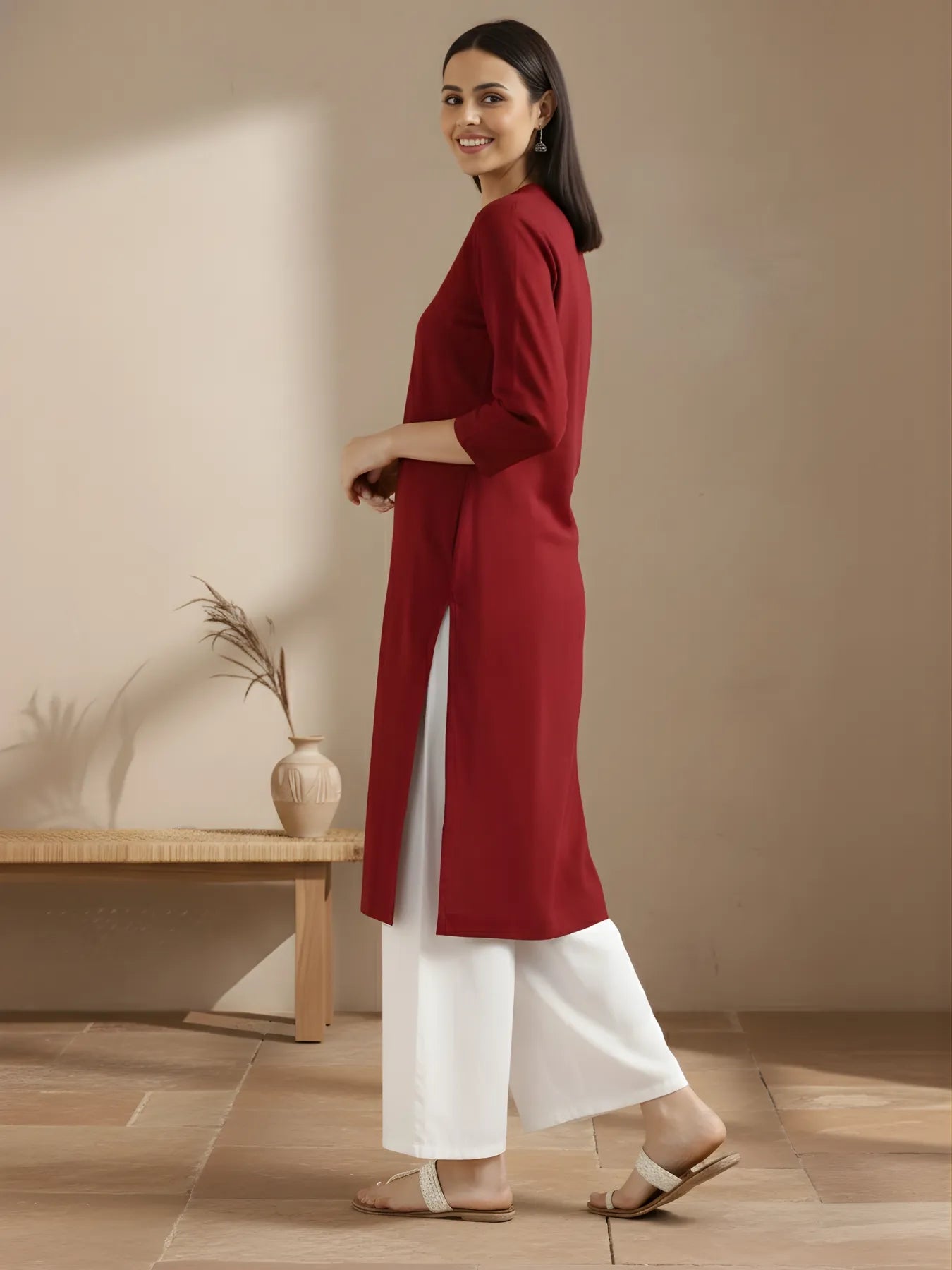 Women Maroon Airy Linen Long Kurta & White Viscose Palazzo Pant Set