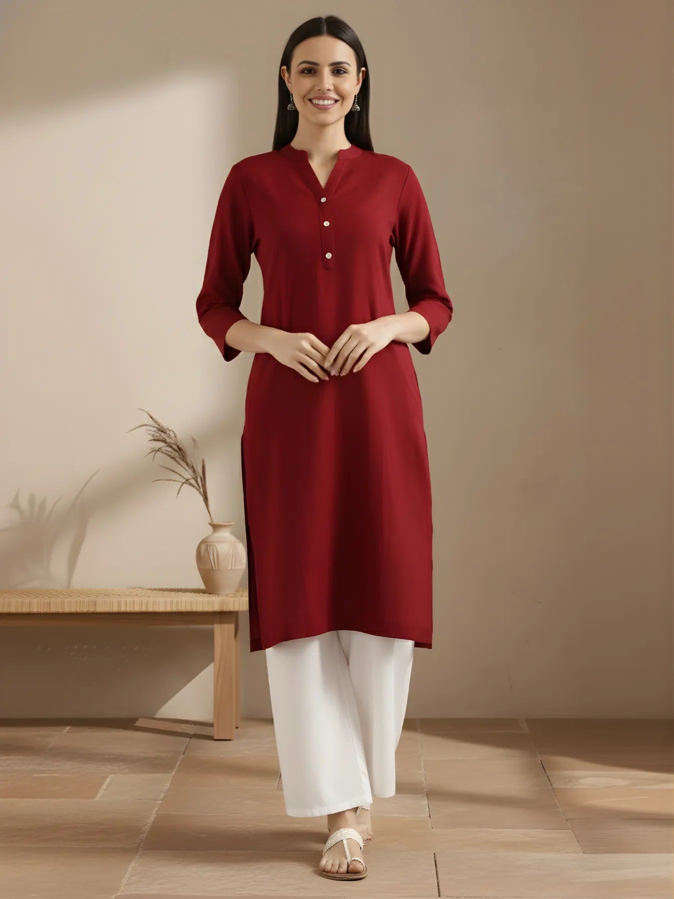 Women Maroon Airy Linen Long Kurta & White Viscose Palazzo Pant Set