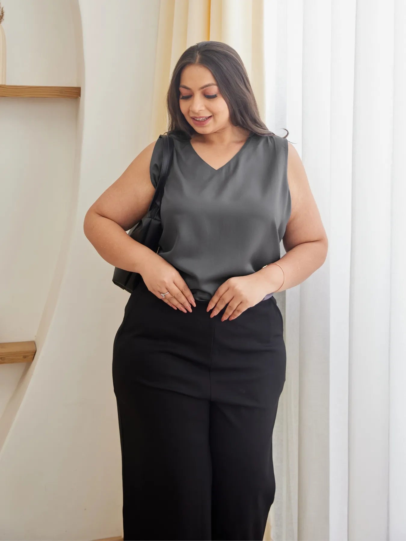 Women Plus Size Grey V-Neck Sleeveless Top