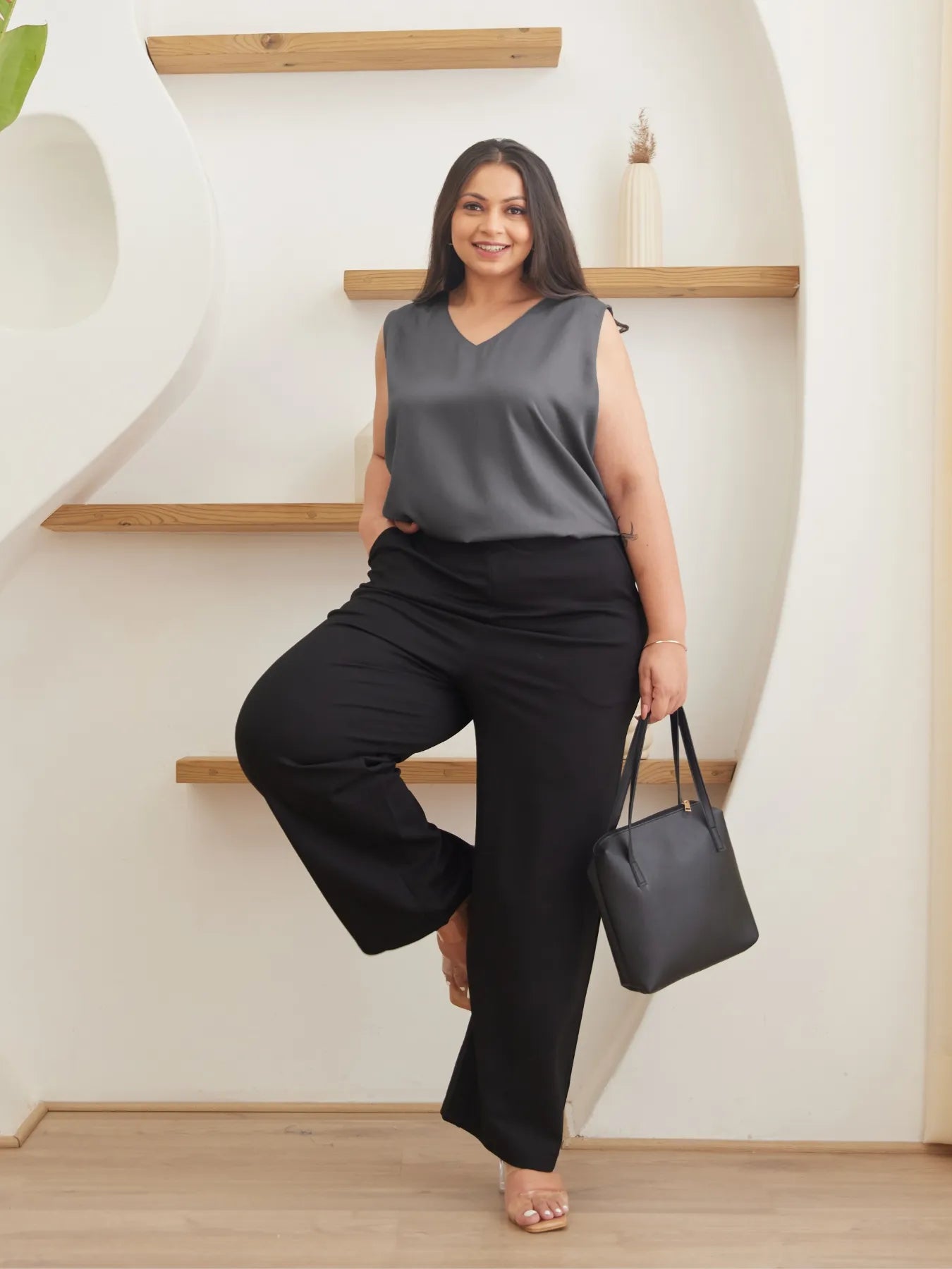 Women Plus Size Grey V-Neck Sleeveless Top