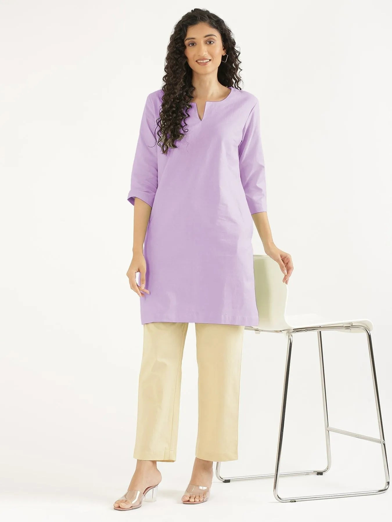 Women Lilac Airy Linen Mid Thigh Length Kurta